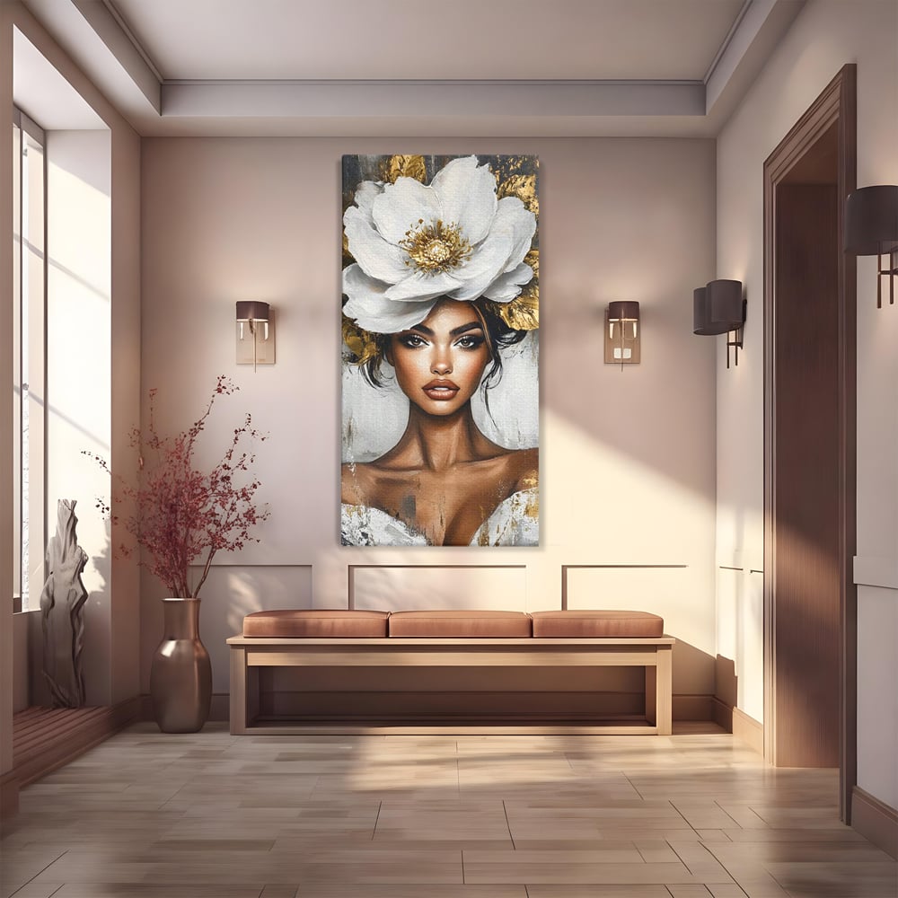 Tablou canvas cu tablou canvas cu portret de femeie si floare, fara rama, pe sasiu de lemn